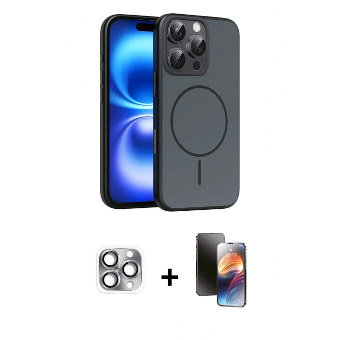 MARSİLYAN™- iPhone 16 Pro Max Kılıf Atlas Asil Prime - Siyah 3D Antistatik Mat Seramik Nano Ekran Koruyucu + Pers Alüminyum Kamera Lens - GI