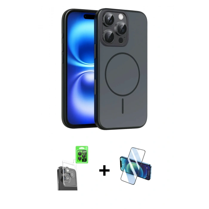 MARSİLYAN™- iPhone 16 Pro Max Kılıf Atlas Asil Prime - Siyah 3D Antistatik Seramik Nano Ekran Koruyucu + Raze Metal Kamera Lens - SH