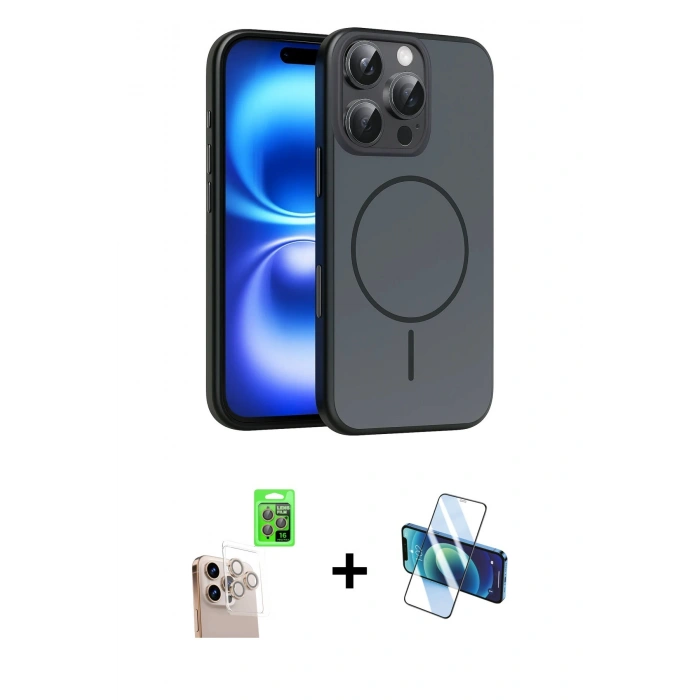 MARSİLYAN™- iPhone 16 Pro Max Kılıf Atlas Asil Prime - Siyah 3D Antistatik Seramik Nano Ekran Koruyucu + Raze Metal Kamera Lens - NLGY
