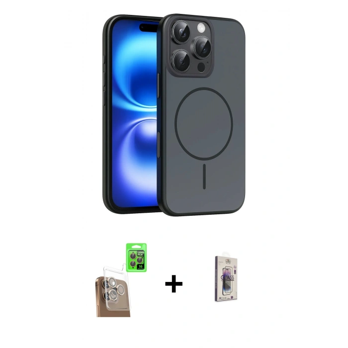MARSİLYAN™- iPhone 16 Pro Max Kılıf Atlas Asil Prime - Siyah Bilvis 3D Cam Ekran Koruyucu + Raze Metal Kamera Lens - CLTM