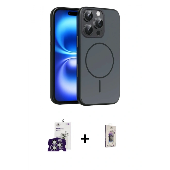 MARSİLYAN™- iPhone 16 Pro Max Kılıf Atlas Asil Prime - Siyah Bilvis 3D Cam Ekran Koruyucu + Bilvis Titan Kamera Lens - GS