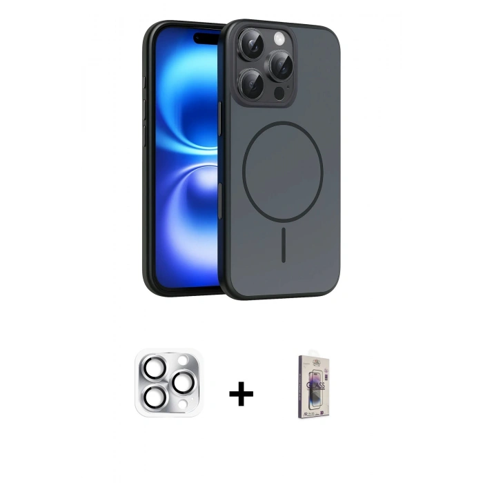 MARSİLYAN™- iPhone 16 Pro Max Kılıf Atlas Asil Prime - Siyah Bilvis 3D Cam Ekran Koruyucu + Pers Alüminyum Kamera Lens - GS