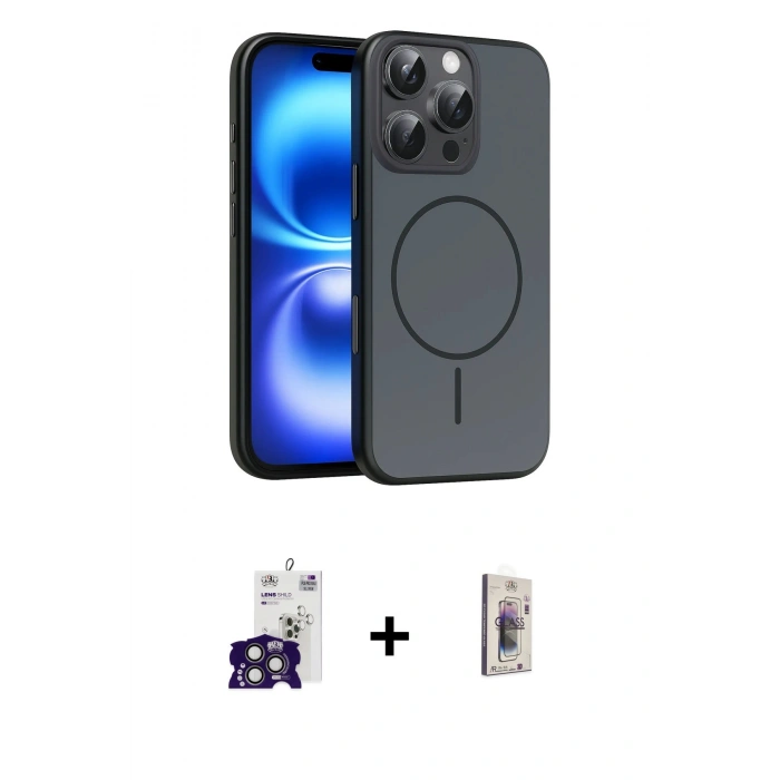 MARSİLYAN™- iPhone 16 Pro Max Kılıf Atlas Asil Prime - Siyah Bilvis 3D Cam Ekran Koruyucu + Bilvis Titan Kamera Lens - TMGI