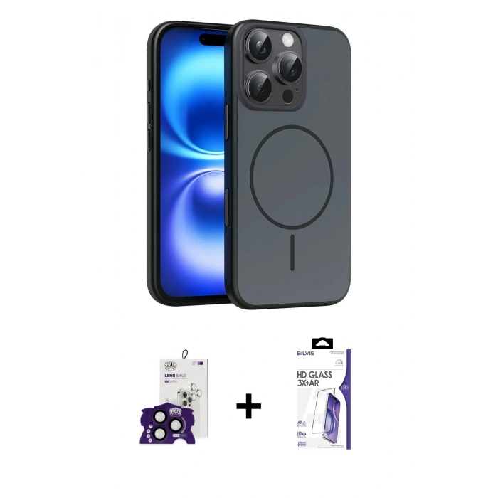 MARSİLYAN™- iPhone 16 Pro Max Kılıf Atlas Asil Prime - Siyah Bilvis 3X AR HD Cam Ekran Koruyucu + Bilvis Titan Kamera Lens - SH