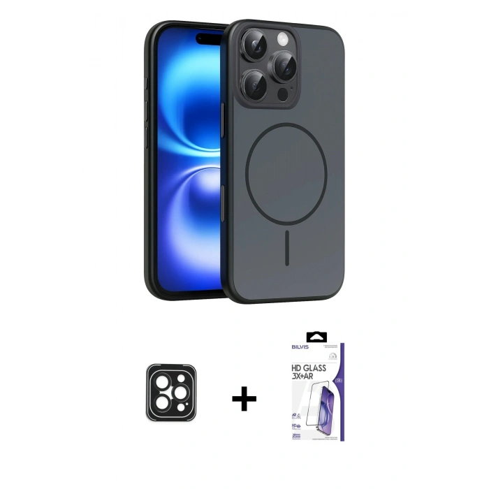 MARSİLYAN™- iPhone 16 Pro Max Kılıf Atlas Asil Prime - Siyah Bilvis 3X AR HD Cam Ekran Koruyucu + PVD Metal Kamera Lens - SH
