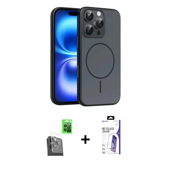 MARSİLYAN™- iPhone 16 Pro Max Kılıf Atlas Asil Prime - Siyah Bilvis 3X AR HD Cam Ekran Koruyucu + Raze Metal Kamera Lens - SH