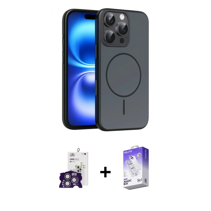 MARSİLYAN™- iPhone 16 Pro Max Kılıf Atlas Asil Prime - Siyah Bilvis 5in1 3D Magic Cam Ekran Koruyucu + Bilvis Titan Kamera Lens - GS