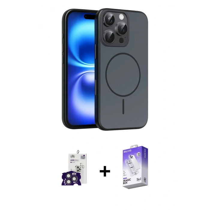 MARSİLYAN™- iPhone 16 Pro Max Kılıf Atlas Asil Prime - Siyah Bilvis 5in1 3D Magic Cam Ekran Koruyucu + Bilvis Titan Kamera Lens - TMGI