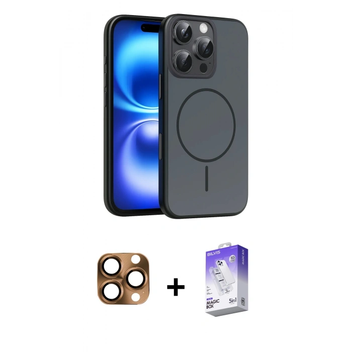 MARSİLYAN™- iPhone 16 Pro Max Kılıf Atlas Asil Prime - Siyah Bilvis 5in1 3D Magic Cam Ekran Koruyucu + Pers Alüminyum Kamera Lens - CLTM