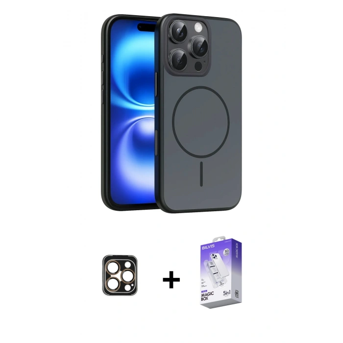 MARSİLYAN™- iPhone 16 Pro Max Kılıf Atlas Asil Prime - Siyah Bilvis 5in1 3D Magic Cam Ekran Koruyucu + PVD Metal Kamera Lens - GD
