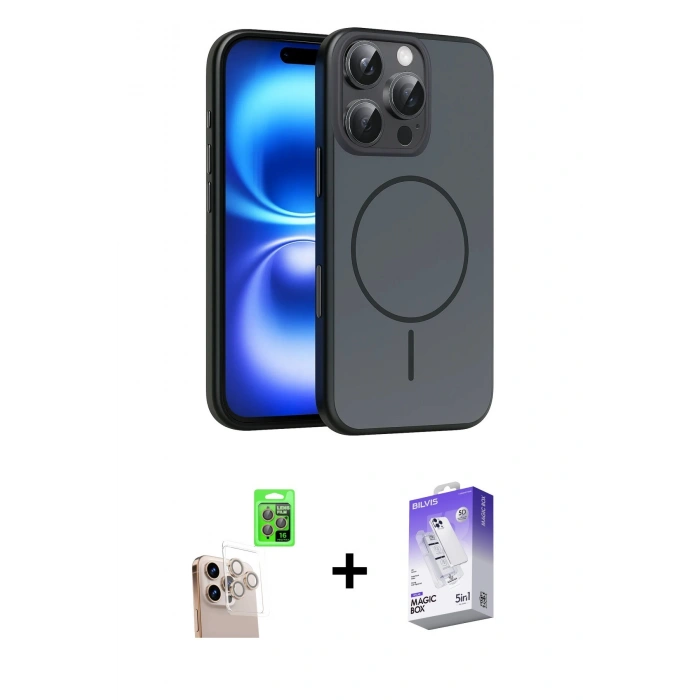 MARSİLYAN™- iPhone 16 Pro Max Kılıf Atlas Asil Prime - Siyah Bilvis 5in1 3D Magic Cam Ekran Koruyucu + Raze Metal Kamera Lens - NLGY