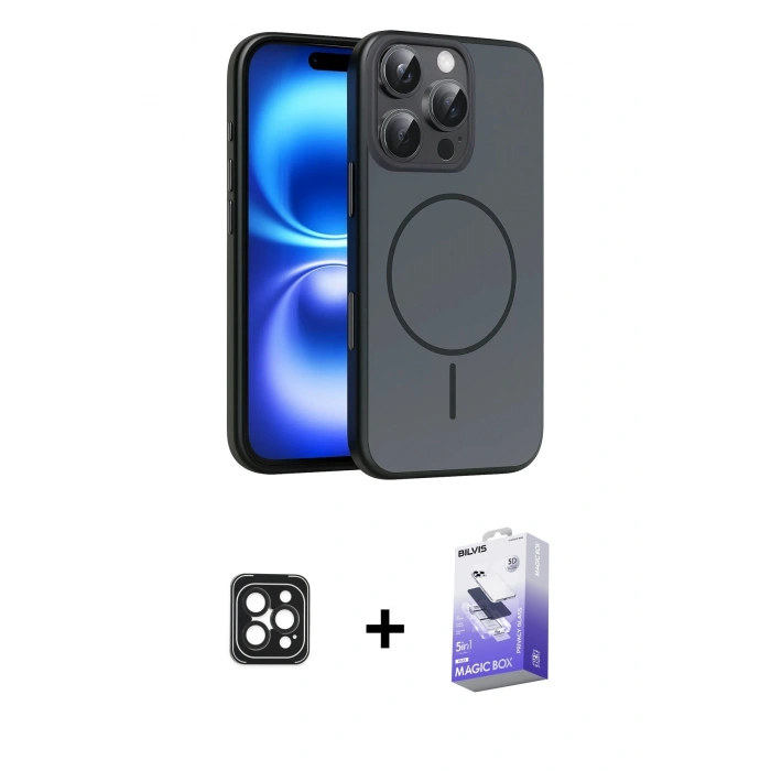 MARSİLYAN™- iPhone 16 Pro Max Kılıf Atlas Asil Prime - Siyah Bilvis 5in1 5D Magic Hayalet Cam Ekran Koruyucu + PVD Metal Kamera Lens - SH