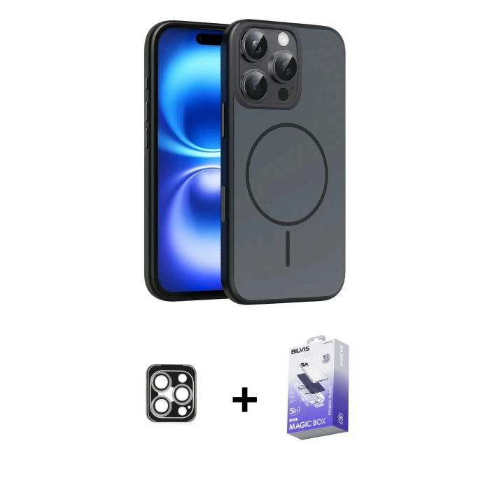 MARSİLYAN™- iPhone 16 Pro Max Kılıf Atlas Asil Prime - Siyah Bilvis 5in1 5D Magic Hayalet Cam Ekran Koruyucu + PVD Metal Kamera Lens - GS