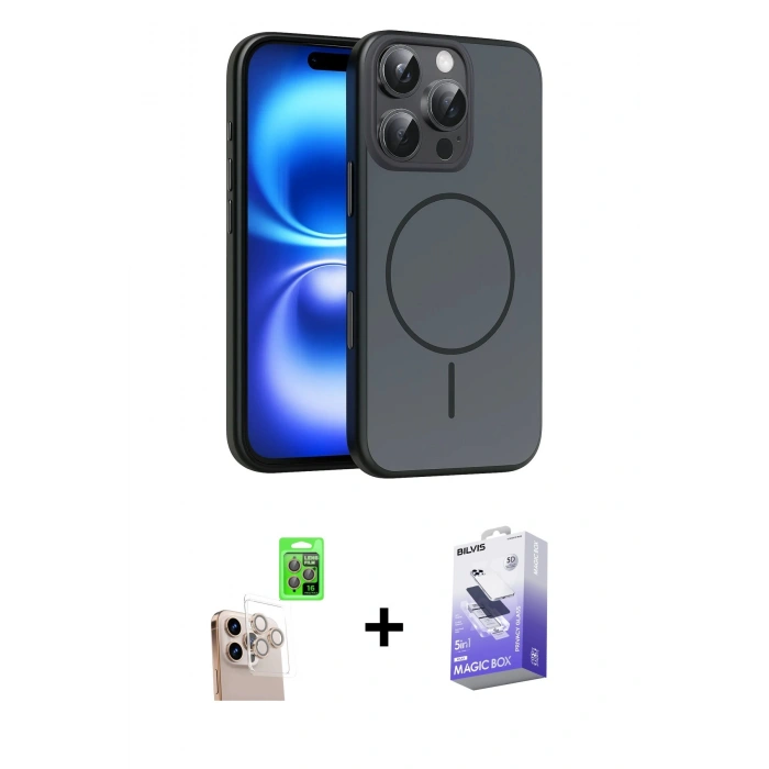 MARSİLYAN™- iPhone 16 Pro Max Kılıf Atlas Asil Prime - Siyah Bilvis 5in1 5D Magic Hayalet Cam Ekran Koruyucu + Raze Metal Kamera Lens - NLGY