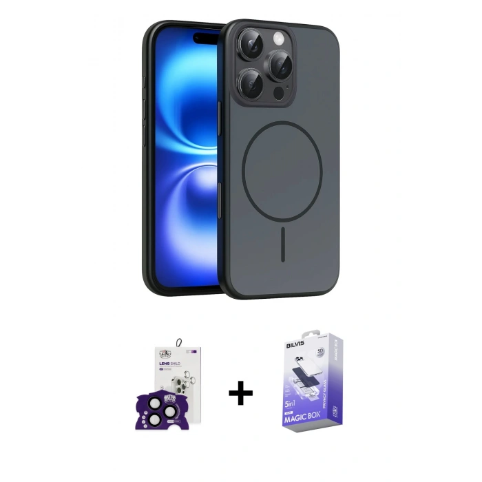 MARSİLYAN™- iPhone 16 Pro Max Kılıf Atlas Asil Prime - Siyah Bilvis 5in1 5D Magic Hayalet Cam Ekran Koruyucu + Bilvis Titan Kamera Lens - SH
