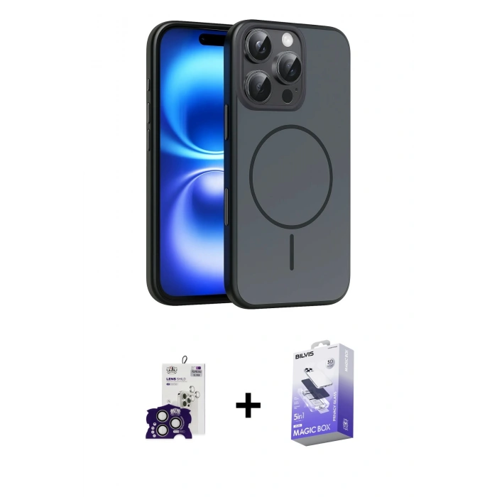 MARSİLYAN™- iPhone 16 Pro Max Kılıf Atlas Asil Prime - Siyah Bilvis 5in1 5D Magic Hayalet Cam Ekran Koruyucu + Bilvis Titan Kamera Lens - TMGI