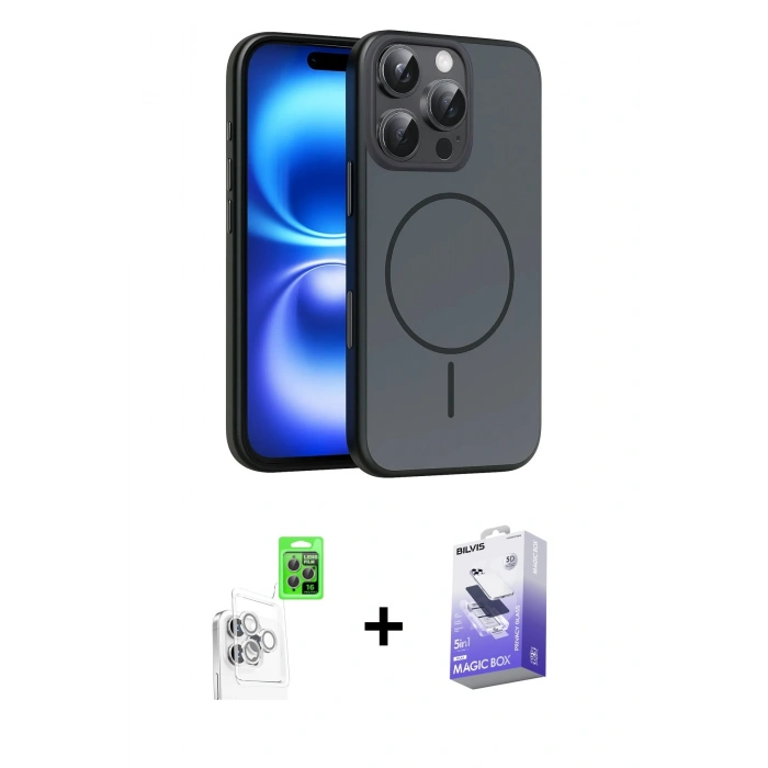 MARSİLYAN™- iPhone 16 Pro Max Kılıf Atlas Asil Prime - Siyah Bilvis 5in1 5D Magic Hayalet Cam Ekran Koruyucu + Raze Metal Kamera Lens - BZ