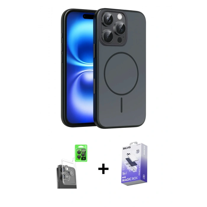 MARSİLYAN™- iPhone 16 Pro Max Kılıf Atlas Asil Prime - Siyah Bilvis 5in1 5D Magic Hayalet Cam Ekran Koruyucu + Raze Metal Kamera Lens - SH