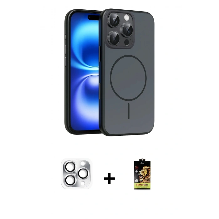 MARSİLYAN™- iPhone 16 Pro Max Kılıf Atlas Asil Prime - Siyah Buffer Cam Ekran Koruyucu + Pers Alüminyum Kamera Lens - GS