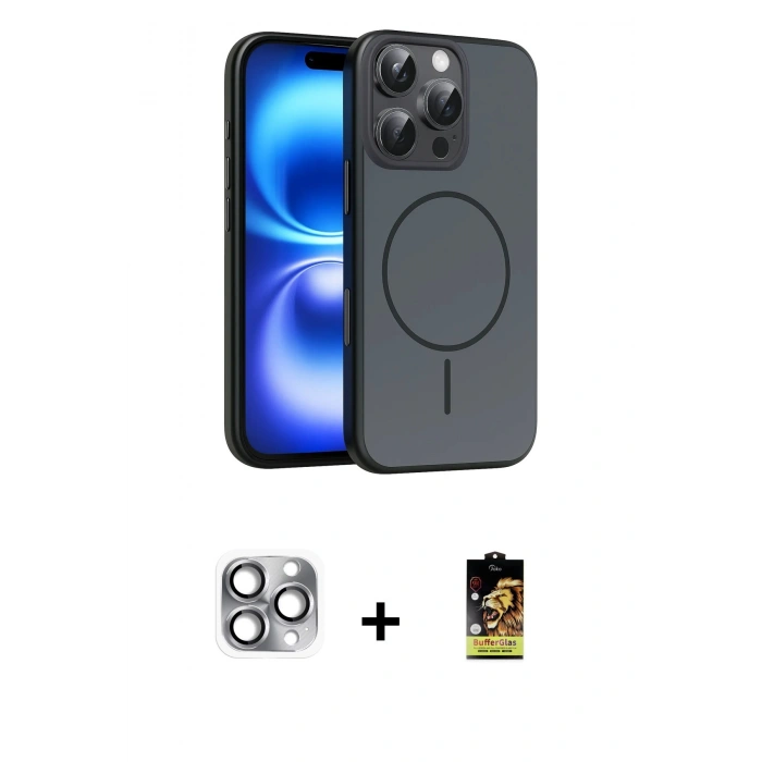 MARSİLYAN™- iPhone 16 Pro Max Kılıf Atlas Asil Prime - Siyah Buffer Cam Ekran Koruyucu + Pers Alüminyum Kamera Lens - GI