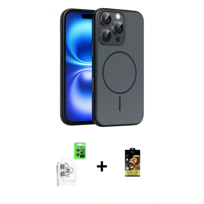 MARSİLYAN™- iPhone 16 Pro Max Kılıf Atlas Asil Prime - Siyah Buffer Cam Ekran Koruyucu + Raze Metal Kamera Lens - BZ