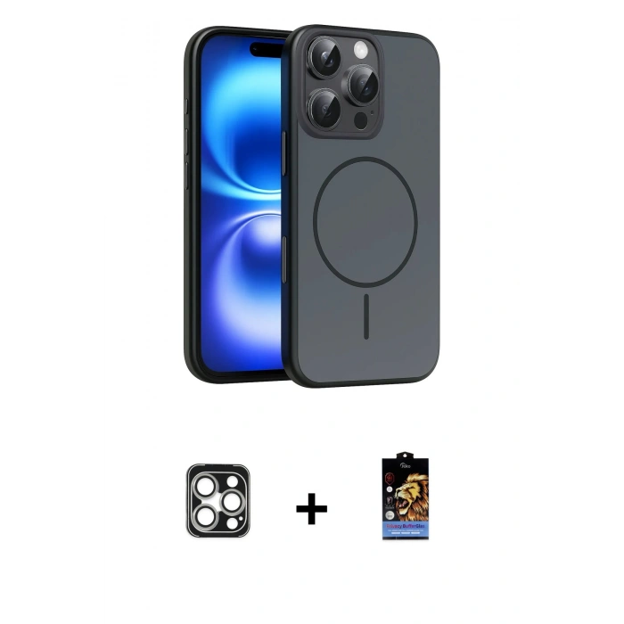 MARSİLYAN™- iPhone 16 Pro Max Kılıf Atlas Asil Prime - Siyah Buffer Hayalet Cam Ekran Koruyucu + PVD Metal Kamera Lens - GS