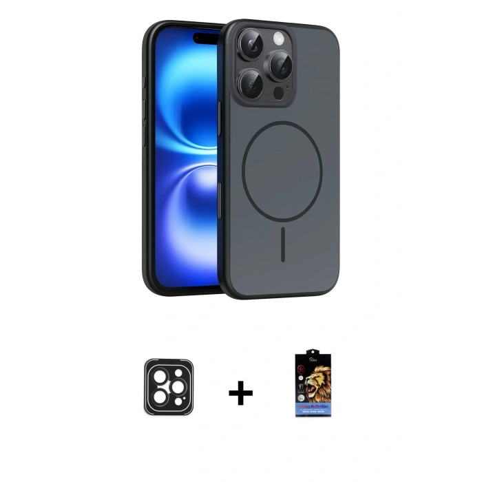 MARSİLYAN™- iPhone 16 Pro Max Kılıf Atlas Asil Prime - Siyah Buffer Hayalet Cam Ekran Koruyucu + PVD Metal Kamera Lens - SH