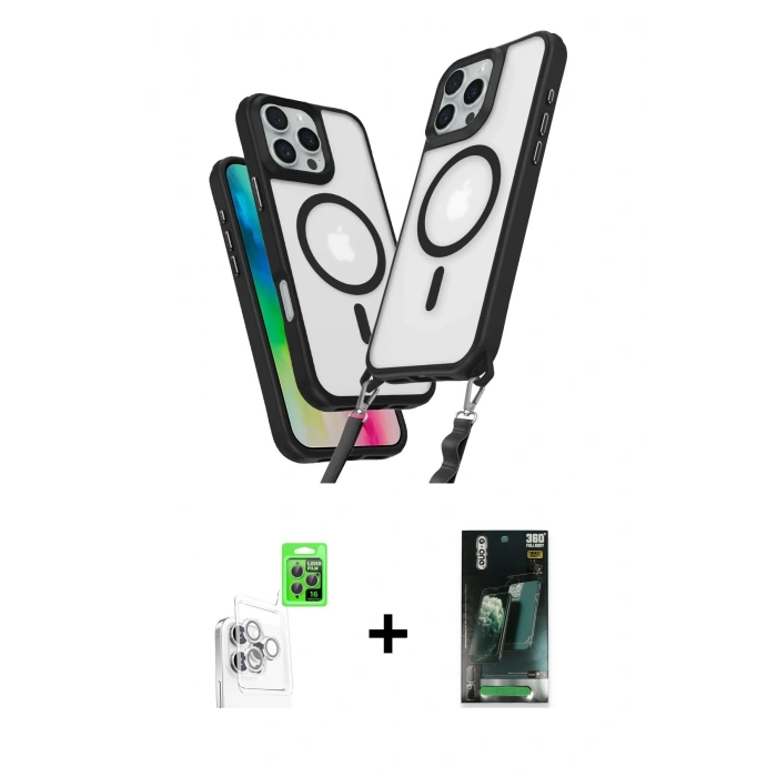 MARSİLYAN™- iPhone 16 Pro Max Kılıf Atlas Doku Koleksiyonu - Siyah 360 Mat Full Body Arka Koruyucu + Raze Metal Kamera Lens - BZ