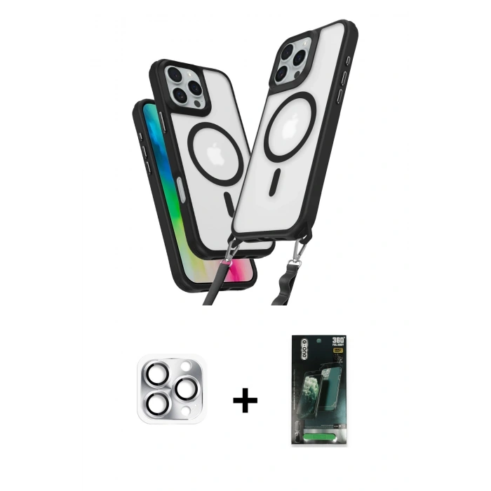 MARSİLYAN™- iPhone 16 Pro Max Kılıf Atlas Doku Koleksiyonu - Siyah 360 Mat Full Body Arka Koruyucu + Pers Alüminyum Kamera Lens - GS