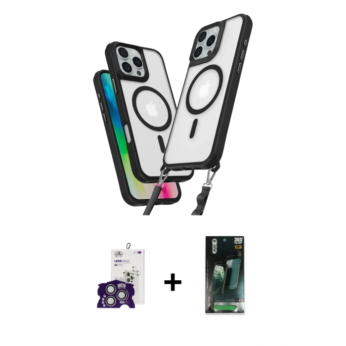 MARSİLYAN™- iPhone 16 Pro Max Kılıf Atlas Doku Koleksiyonu - Siyah 360 Mat Full Body Arka Koruyucu + Bilvis Titan Kamera Lens - GS