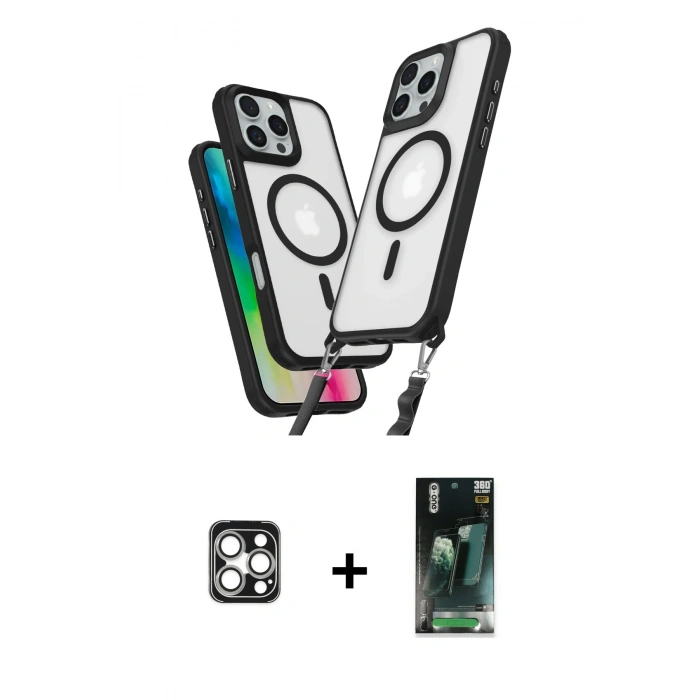 MARSİLYAN™- iPhone 16 Pro Max Kılıf Atlas Doku Koleksiyonu - Siyah 360 Mat Full Body Arka Koruyucu + PVD Metal Kamera Lens - GS