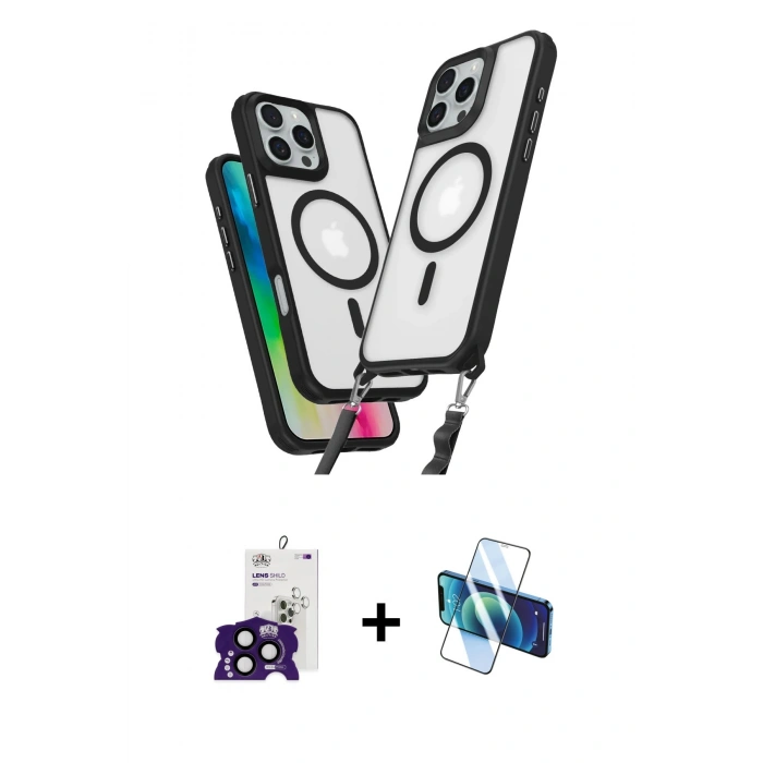 MARSİLYAN™- iPhone 16 Pro Max Kılıf Atlas Doku Koleksiyonu - Siyah 3D Antistatik Cam Ekran Koruyucu + Bilvis Titan Kamera Lens - SH