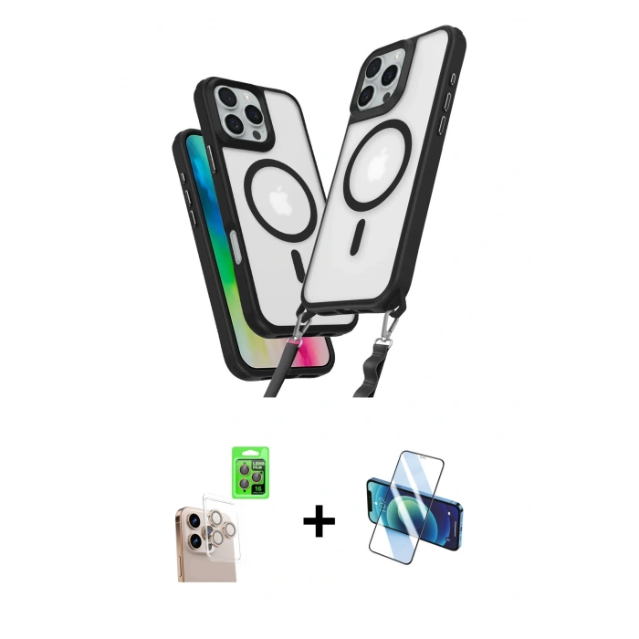 MARSİLYAN™- iPhone 16 Pro Max Kılıf Atlas Doku Koleksiyonu - Siyah 3D Antistatik Cam Ekran Koruyucu + Raze Metal Kamera Lens - NLGY