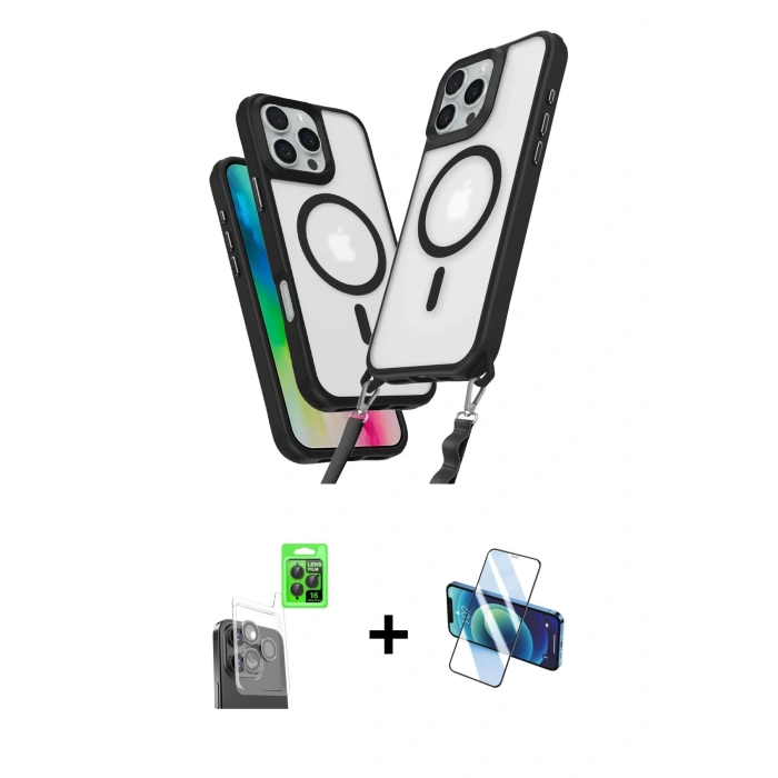 MARSİLYAN™- iPhone 16 Pro Max Kılıf Atlas Doku Koleksiyonu - Siyah 3D Antistatik Cam Ekran Koruyucu + Raze Metal Kamera Lens - SH