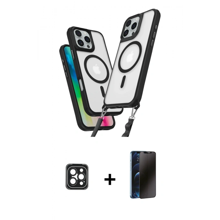 MARSİLYAN™- iPhone 16 Pro Max Kılıf Atlas Doku Koleksiyonu - Siyah 3D Antistatik Hayalet Cam Ekran Koruyucu + PVD Metal Kamera Lens - SH