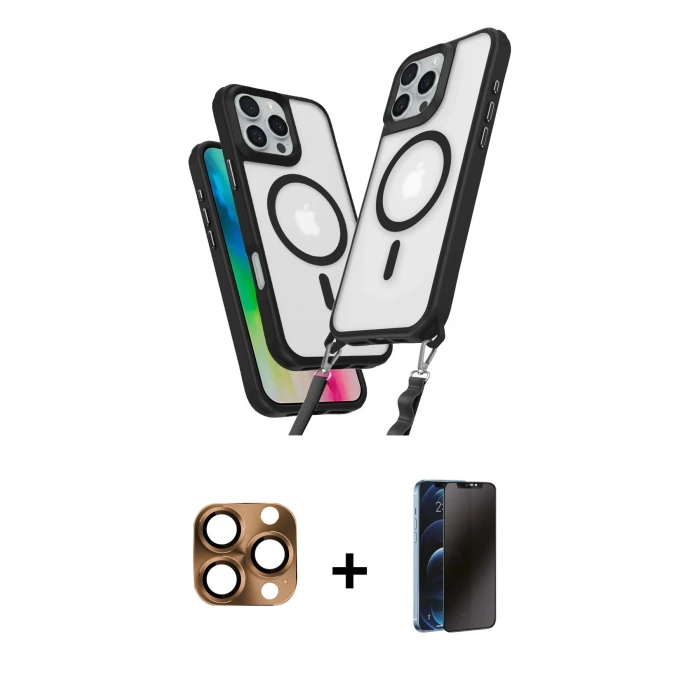 MARSİLYAN™- iPhone 16 Pro Max Kılıf Atlas Doku Koleksiyonu - Siyah 3D Antistatik Hayalet Cam Ekran Koruyucu + Pers Alüminyum Kamera Lens - CLTM