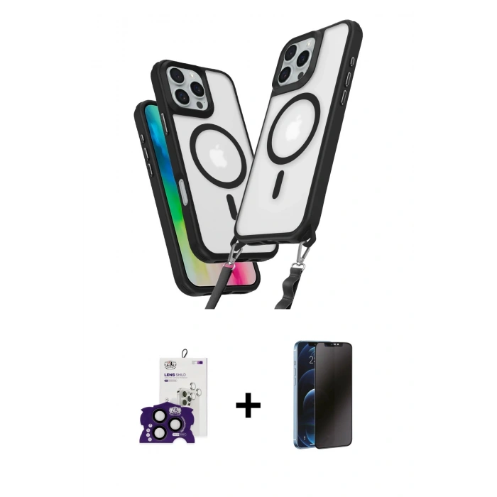 MARSİLYAN™- iPhone 16 Pro Max Kılıf Atlas Doku Koleksiyonu - Siyah 3D Antistatik Hayalet Cam Ekran Koruyucu + Bilvis Titan Kamera Lens - SH