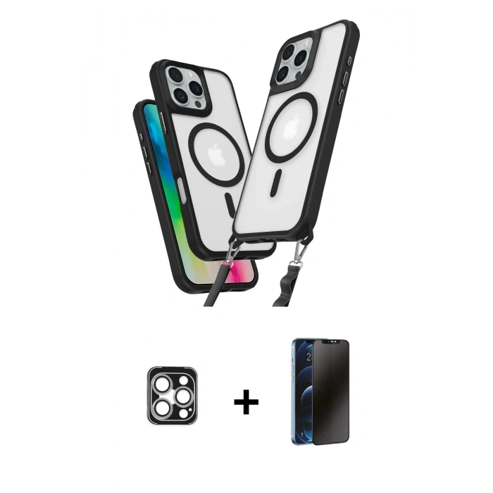 MARSİLYAN™- iPhone 16 Pro Max Kılıf Atlas Doku Koleksiyonu - Siyah 3D Antistatik Hayalet Cam Ekran Koruyucu + PVD Metal Kamera Lens - GS