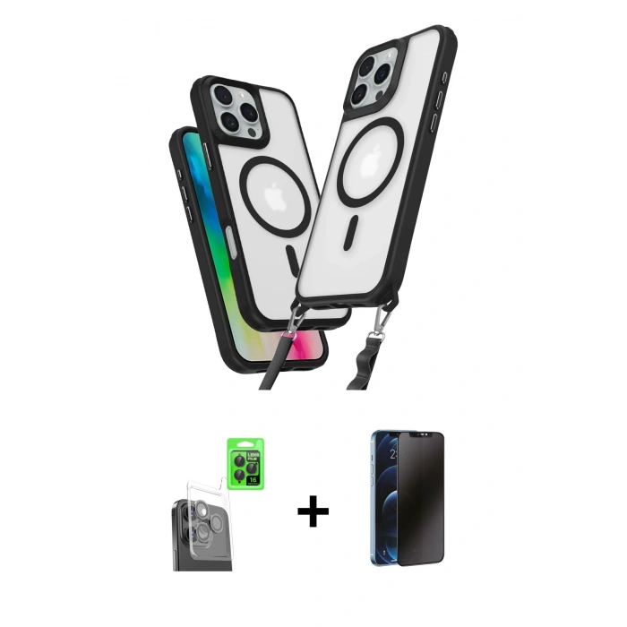 MARSİLYAN™- iPhone 16 Pro Max Kılıf Atlas Doku Koleksiyonu - Siyah 3D Antistatik Hayalet Cam Ekran Koruyucu + Raze Metal Kamera Lens - SH