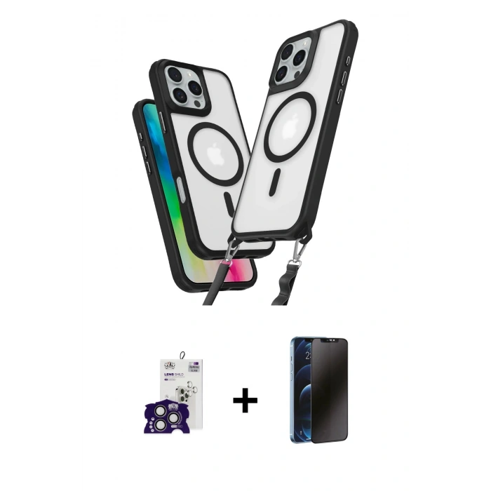 MARSİLYAN™- iPhone 16 Pro Max Kılıf Atlas Doku Koleksiyonu - Siyah 3D Antistatik Hayalet Cam Ekran Koruyucu + Bilvis Titan Kamera Lens - TMGI