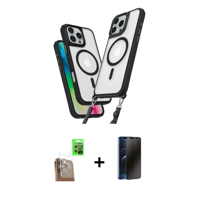 MARSİLYAN™- iPhone 16 Pro Max Kılıf Atlas Doku Koleksiyonu - Siyah 3D Antistatik Hayalet Cam Ekran Koruyucu + Raze Metal Kamera Lens - CLTM