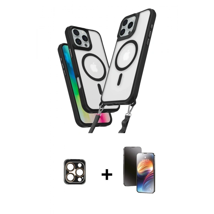 MARSİLYAN™- iPhone 16 Pro Max Kılıf Atlas Doku Koleksiyonu - Siyah 3D Antistatik Mat Seramik Nano Ekran Koruyucu + PVD Metal Kamera Lens - GD
