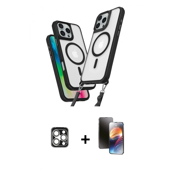 MARSİLYAN™- iPhone 16 Pro Max Kılıf Atlas Doku Koleksiyonu - Siyah 3D Antistatik Mat Seramik Nano Ekran Koruyucu + PVD Metal Kamera Lens - GS