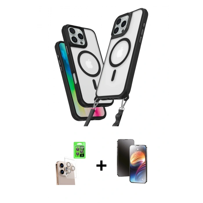 MARSİLYAN™- iPhone 16 Pro Max Kılıf Atlas Doku Koleksiyonu - Siyah 3D Antistatik Mat Seramik Nano Ekran Koruyucu + Raze Metal Kamera Lens - NLGY