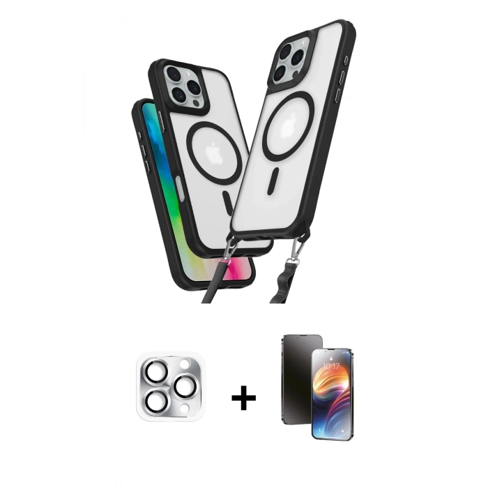 MARSİLYAN™- iPhone 16 Pro Max Kılıf Atlas Doku Koleksiyonu - Siyah 3D Antistatik Mat Seramik Nano Ekran Koruyucu + Pers Alüminyum Kamera Lens - GS