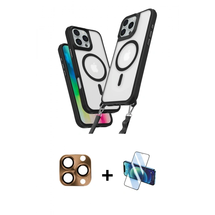 MARSİLYAN™- iPhone 16 Pro Max Kılıf Atlas Doku Koleksiyonu - Siyah 3D Antistatik Seramik Nano Ekran Koruyucu + Pers Alüminyum Kamera Lens - CLTM