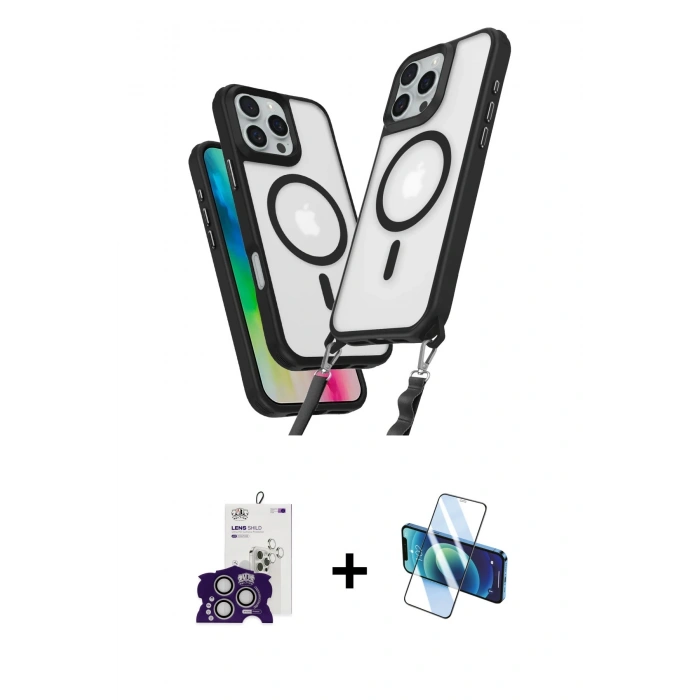 MARSİLYAN™- iPhone 16 Pro Max Kılıf Atlas Doku Koleksiyonu - Siyah 3D Antistatik Seramik Nano Ekran Koruyucu + Bilvis Titan Kamera Lens - GS