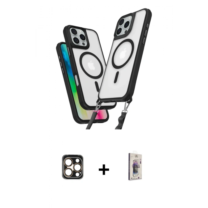 MARSİLYAN™- iPhone 16 Pro Max Kılıf Atlas Doku Koleksiyonu - Siyah Bilvis 3D Cam Ekran Koruyucu + PVD Metal Kamera Lens - GD