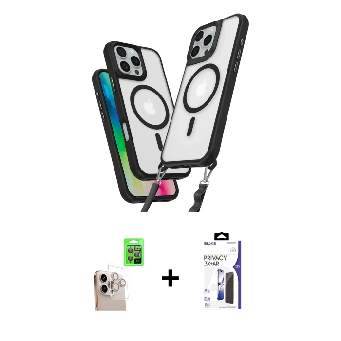 MARSİLYAN™- iPhone 16 Pro Max Kılıf Atlas Doku Koleksiyonu - Siyah Bilvis 3X AR Hayalet Cam Ekran Koruyucu + Raze Metal Kamera Lens - NLGY