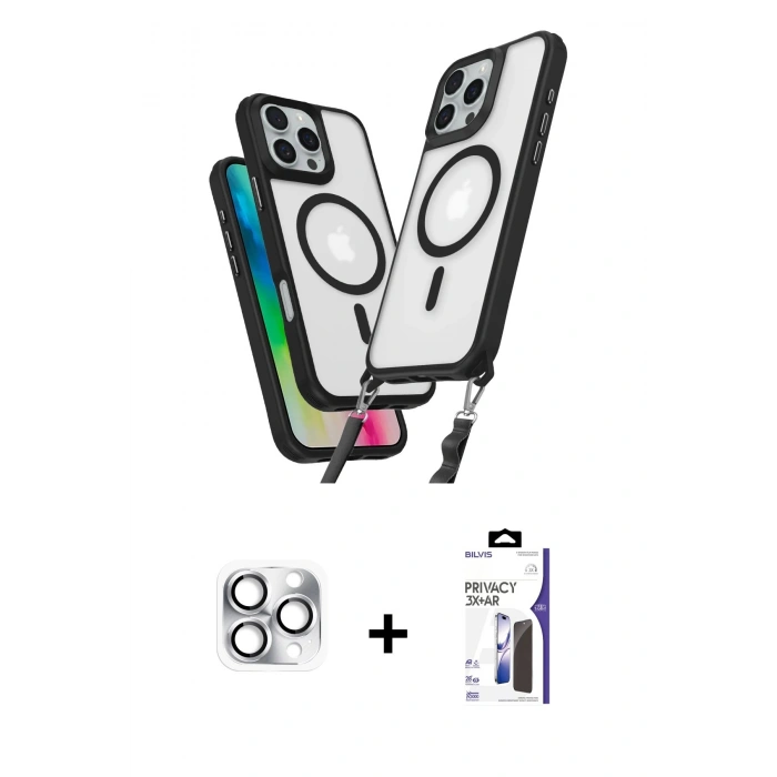 MARSİLYAN™- iPhone 16 Pro Max Kılıf Atlas Doku Koleksiyonu - Siyah Bilvis 3X AR Hayalet Cam Ekran Koruyucu + Pers Alüminyum Kamera Lens - GS